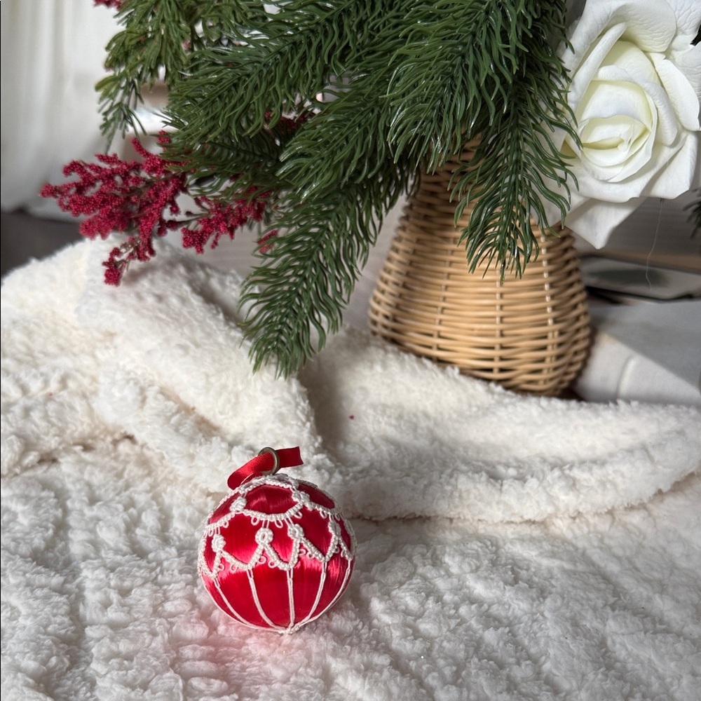 Vintage Red Satin Christmas Ornament with White Crochet Lace Overlay